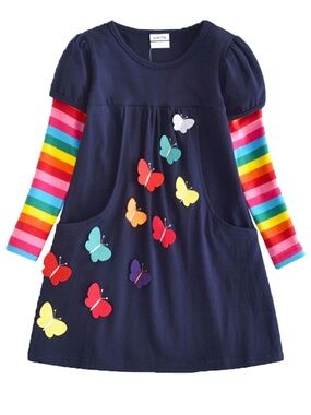 Long Sleeve Butterfly Dress with Rainbow Sleeves VIKITA for Girls 5 to 6